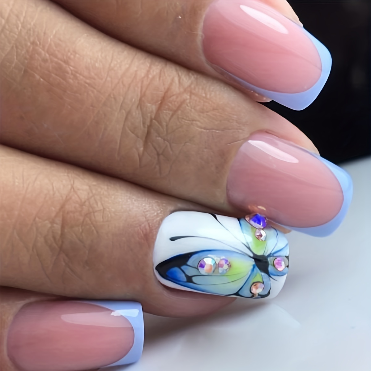 Colorful Rhinestone French Tip Press On Nails With Blue - Temu