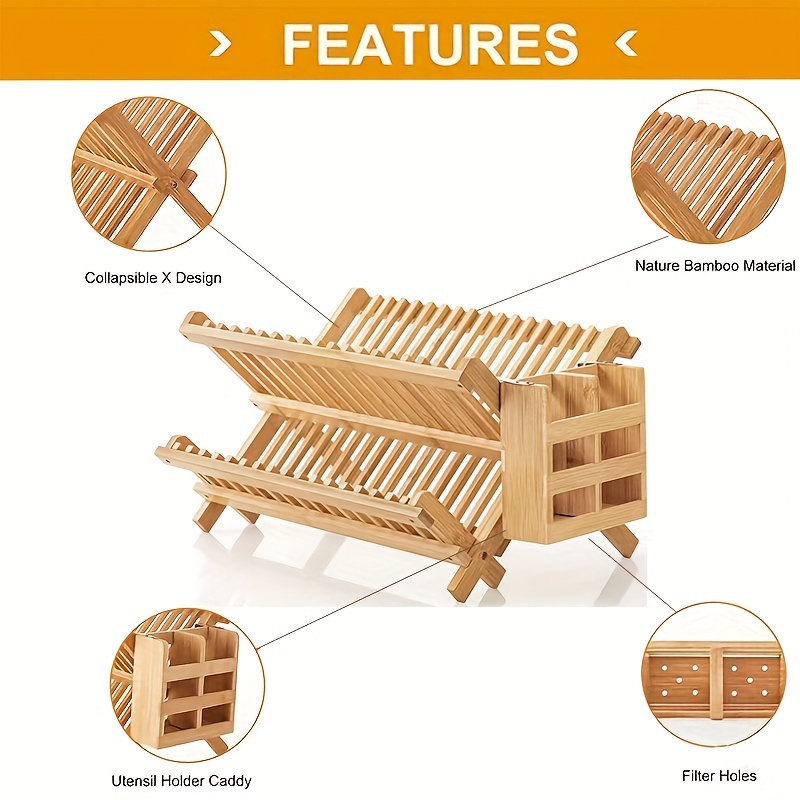 Bamboo Dish Drying Rack With Utensil Holder, Collapsible Wooden