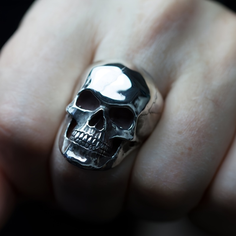 Men's Stainless Steel Skull Ring - Gothic Tribal Blue Silver Band, Size 11, Width 33mm