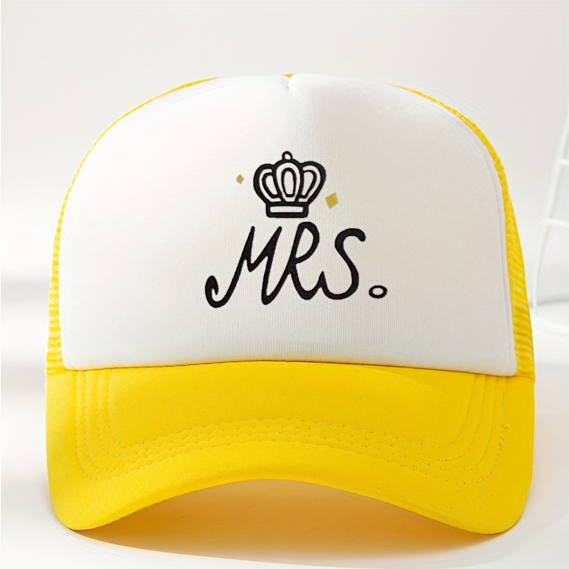 Mrs Crown Print Trucker Hats Color Block Trendy Mesh Breathable