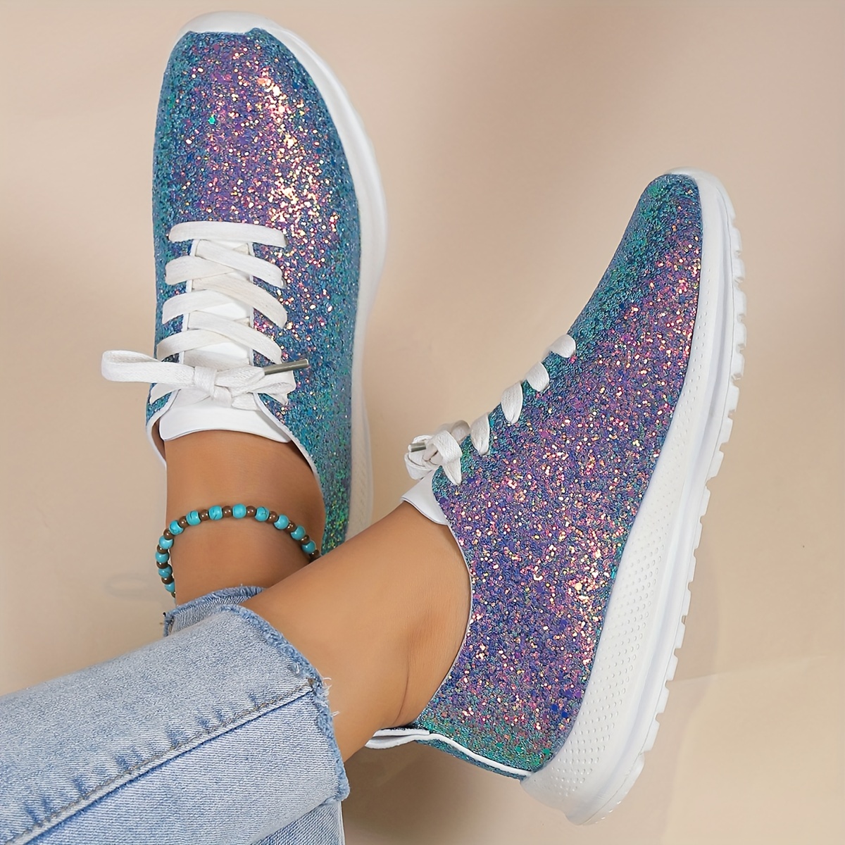 Solid Color Sequins Sneakers, Women's Glitter Decor Casual Lace Lightweight Low Top Sneakers,Shoes Ladies,Temu