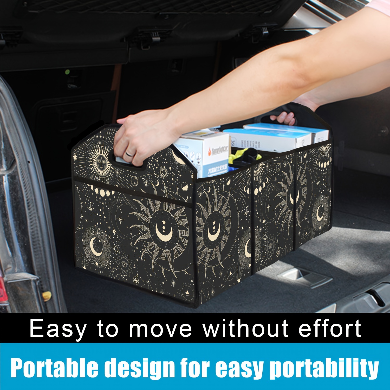 

1pc Sun Moon Printed Car Trunk Organizer, Large Capacity, Foldable And With Pockets, Trunk Storage Bag For Car, Suv, Sedan