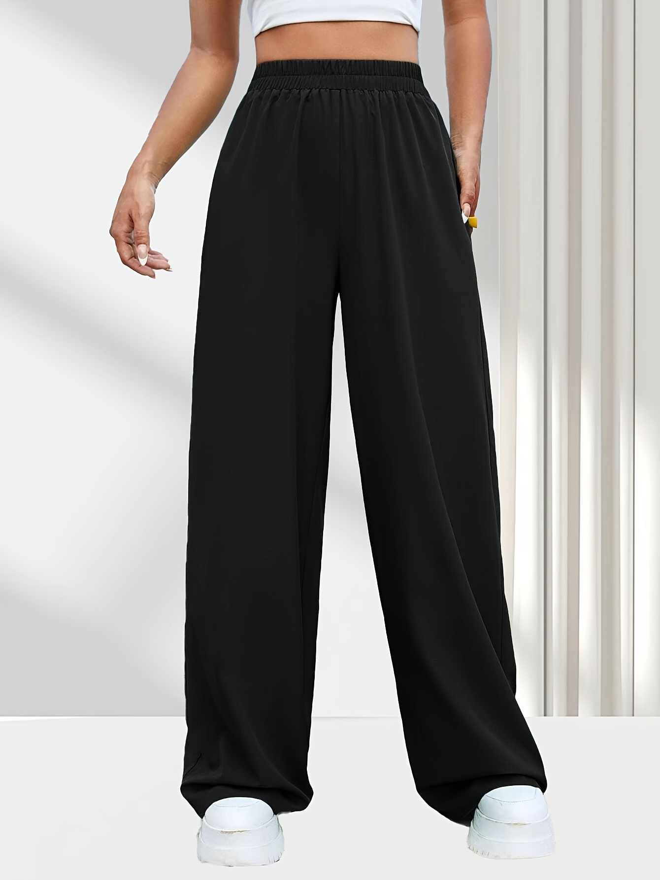 Solid Elastic Waist Loose Pants, Casual Wide Leg Pants For Spring & Summer,  Women's Clothing