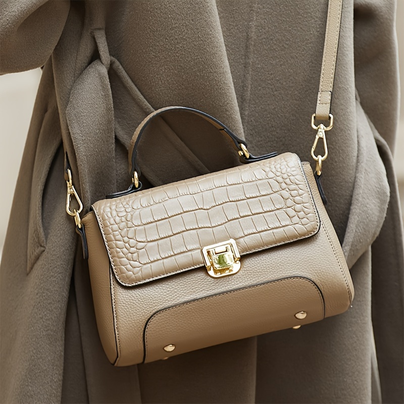 * Crocodile Pattern Handbag, Luxury Leather Crossbody Bag, Women's Top  Handle Flap Purse