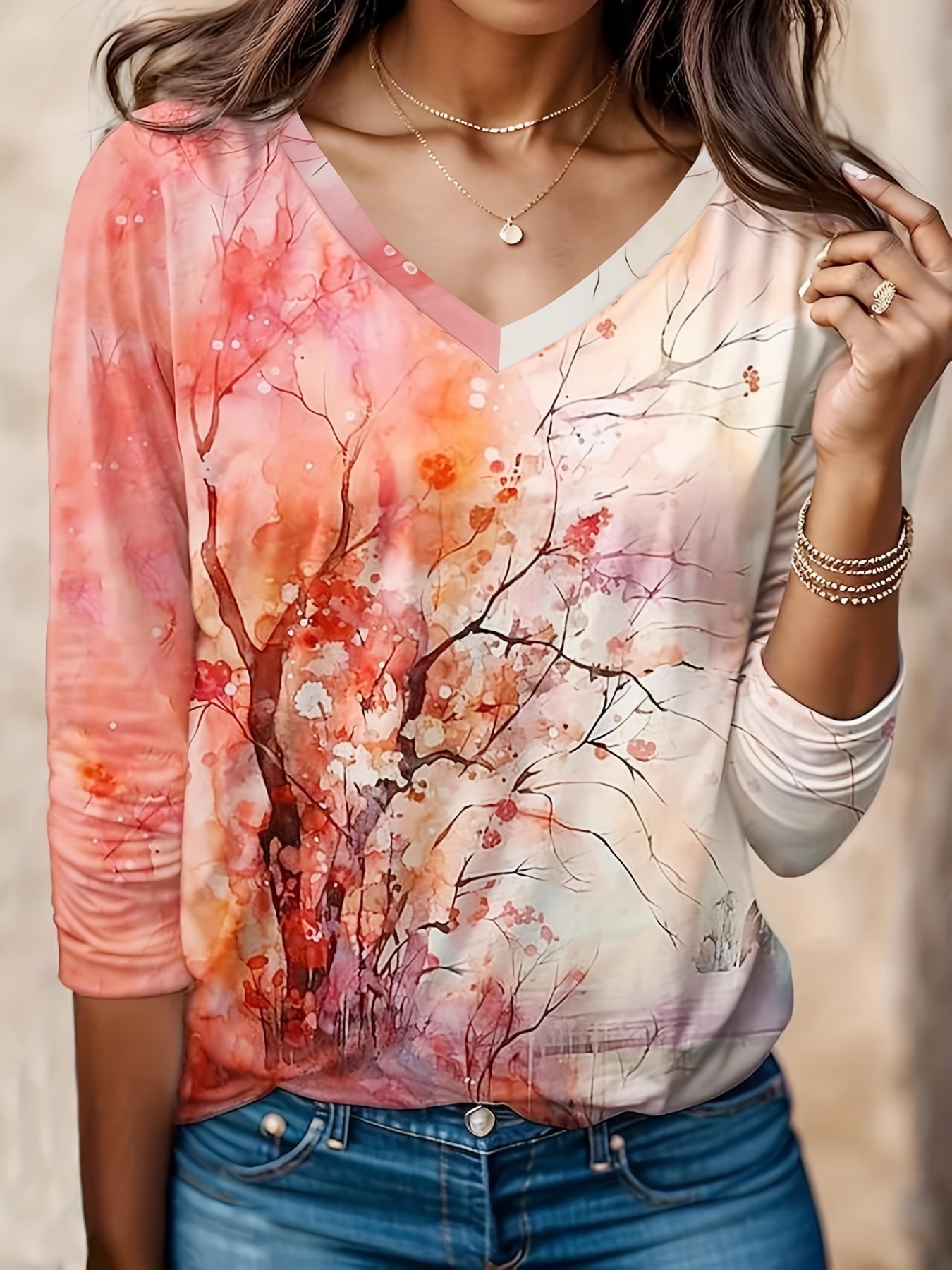 floral print v neck t shirt casual long sleeve top for spring fall womens clothing