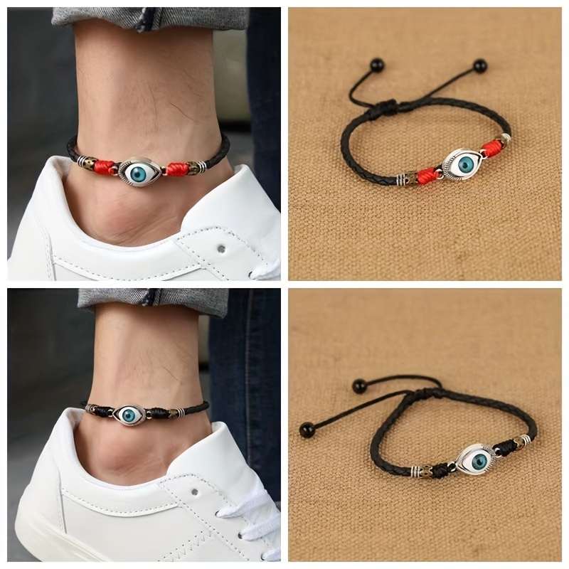 Men's Evil Eye Anklet, Bold Red Rope Design