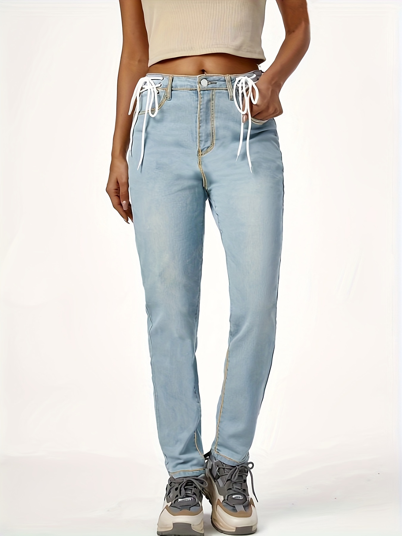 Blue Casual Wide Legs Jeans, Loose Fit Slash Pockets Straight Legs Mid  Waist Denim Pants, Women's Denim Jeans & Clothing