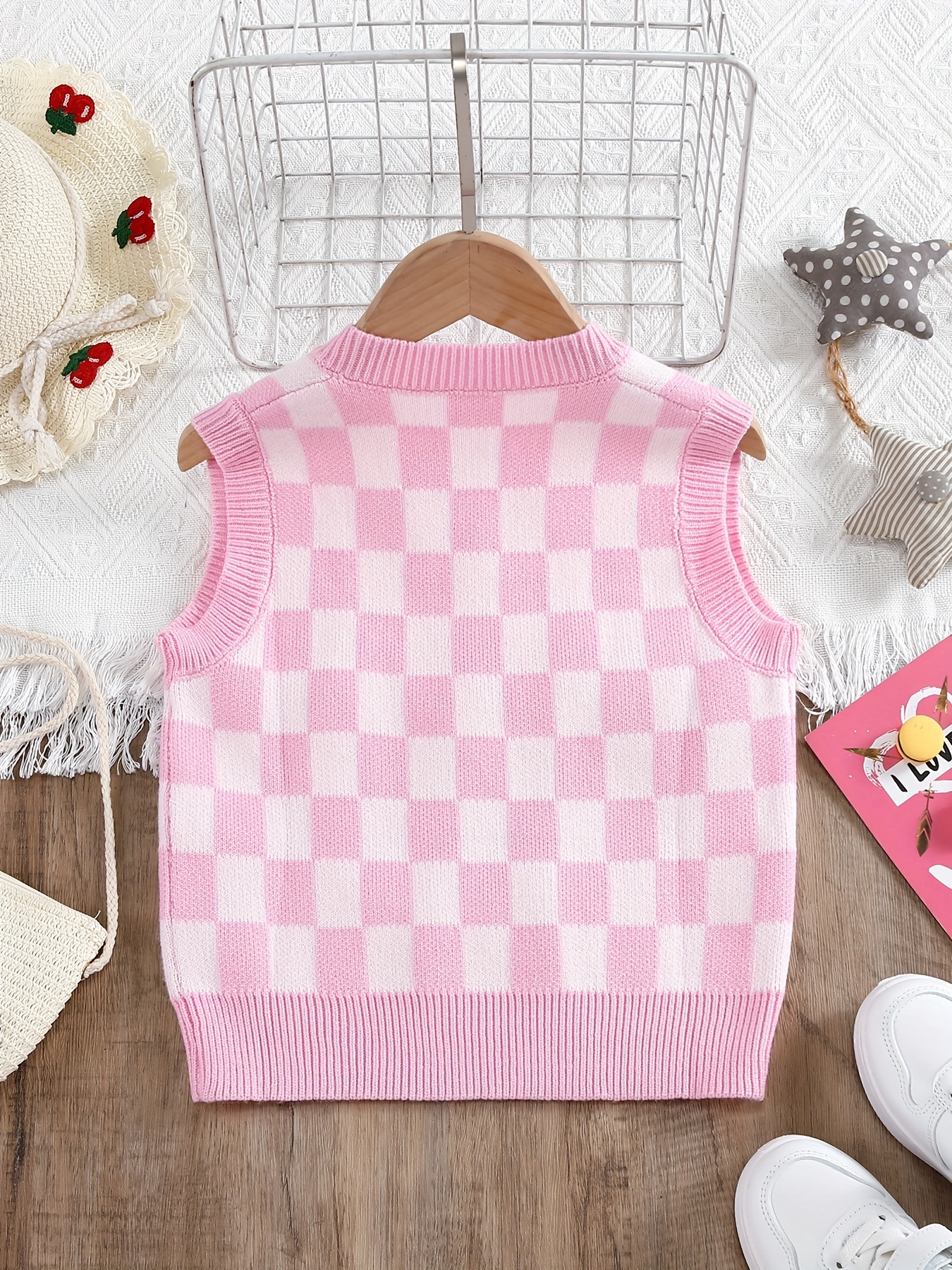 Cute Girls' Checkered Vest V Neck Sleeveless Top For Spring/ Autumn, Party,  Gift, Girls' Clothing