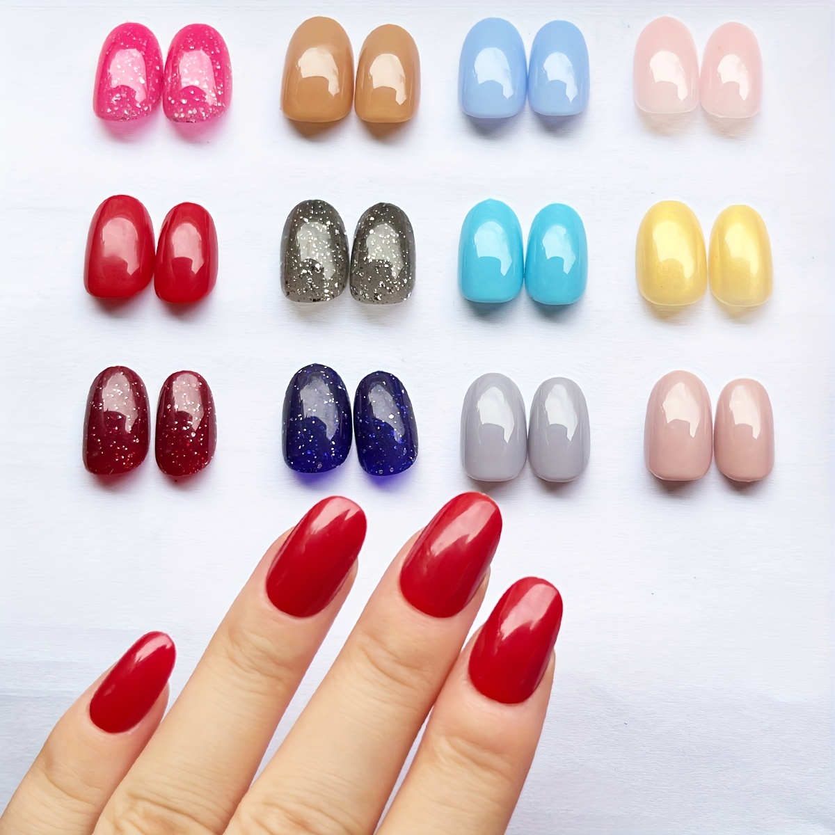 288 pcs oval solid color almond press on nails full cover short fake nails glossy false nails for women and girls 12 colors details 1