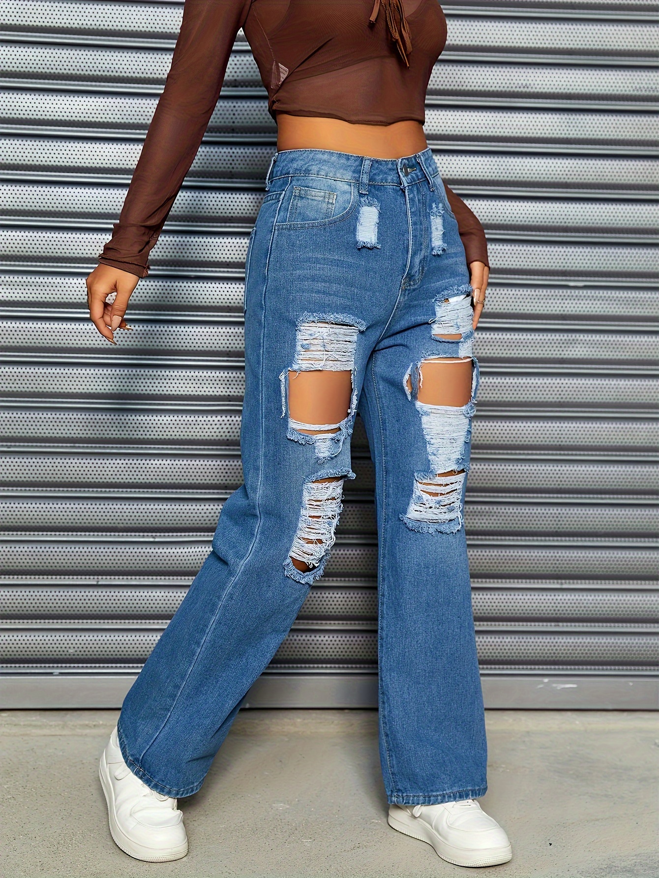 ripped high rise loose fit denim pants washed blue distressed casual straight leg jeans womens denim jeans clothing
