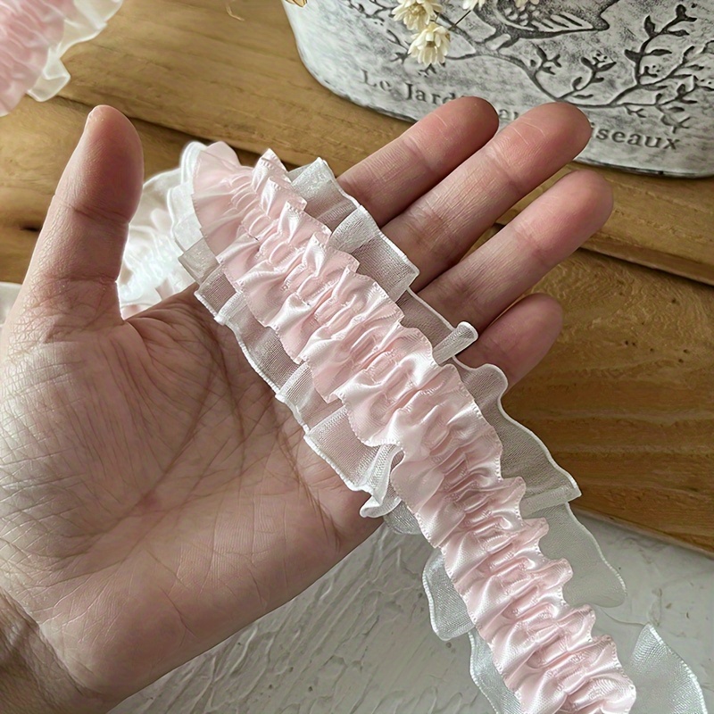 

1pc 1.57*39.37in/4*100cm Double Layer Pink Organza Lace Trim Bedding Curtain Garment Cuff Decoration Accessories Pleated Mesh Lace Trim