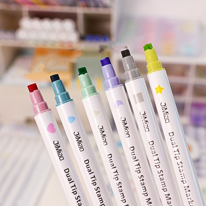 6 Colors Dual Tip Stamp Marker Pens Set Multi Color Line - Temu