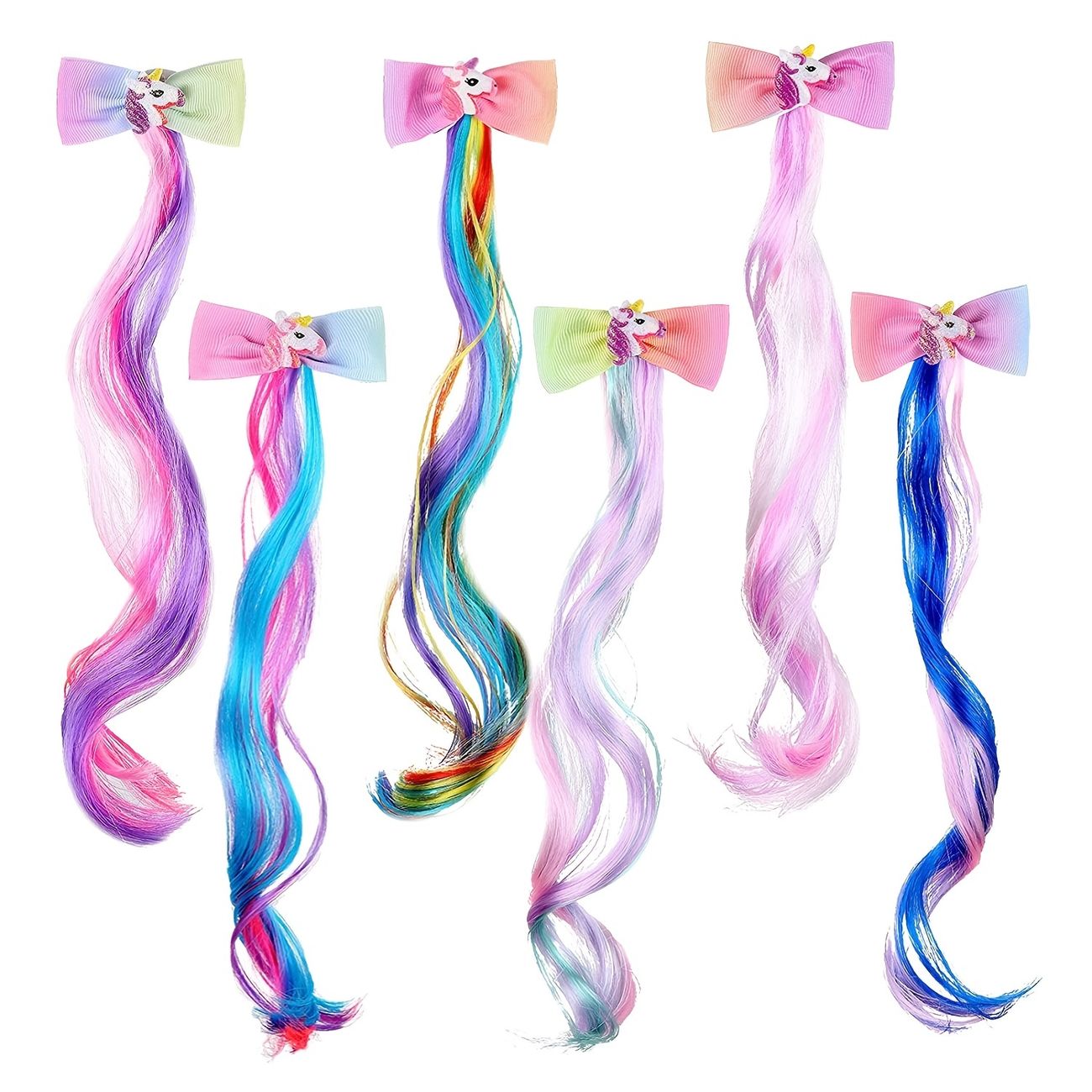 6pcs Girls Hair Extensions Colorful Curve Hair Wigs Bow Hair Clips Hair  Accessories For Party Performance - Clothing, Shoes & Jewelry - Temu