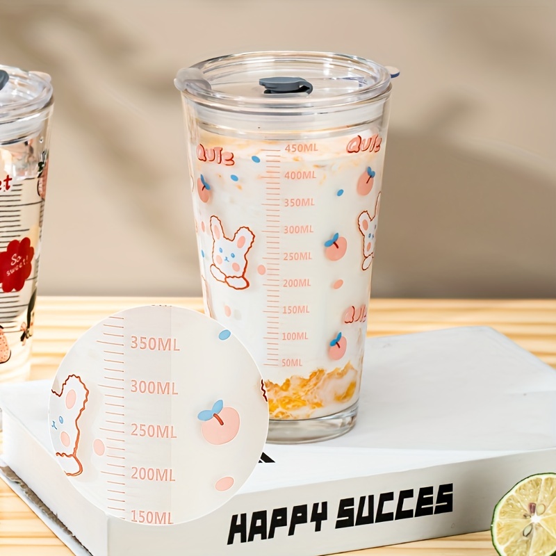 Cartoon Glass Cup With Lid And Straw Cute Kawaii Clear Water - Temu