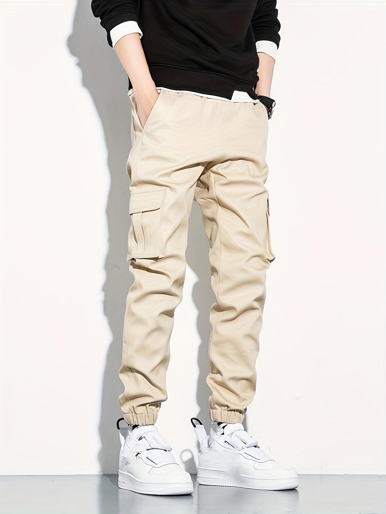 Trendy Solid Cotton Cargo Pants Men's Camo Multi Flap Pocket