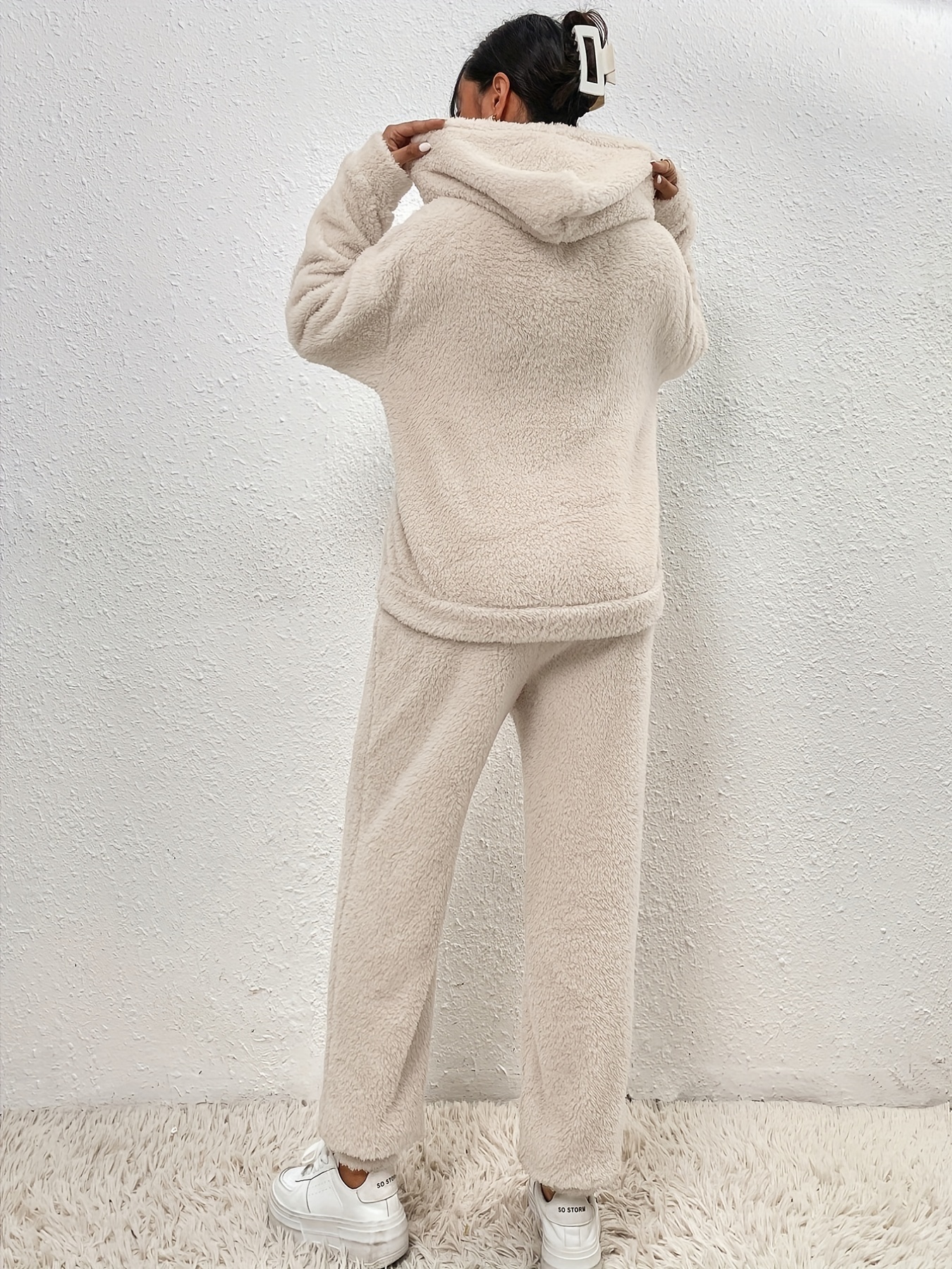 Solid Teddy Two piece Set Long Sleeve Hooded Tops & Warm Pants Outfits
