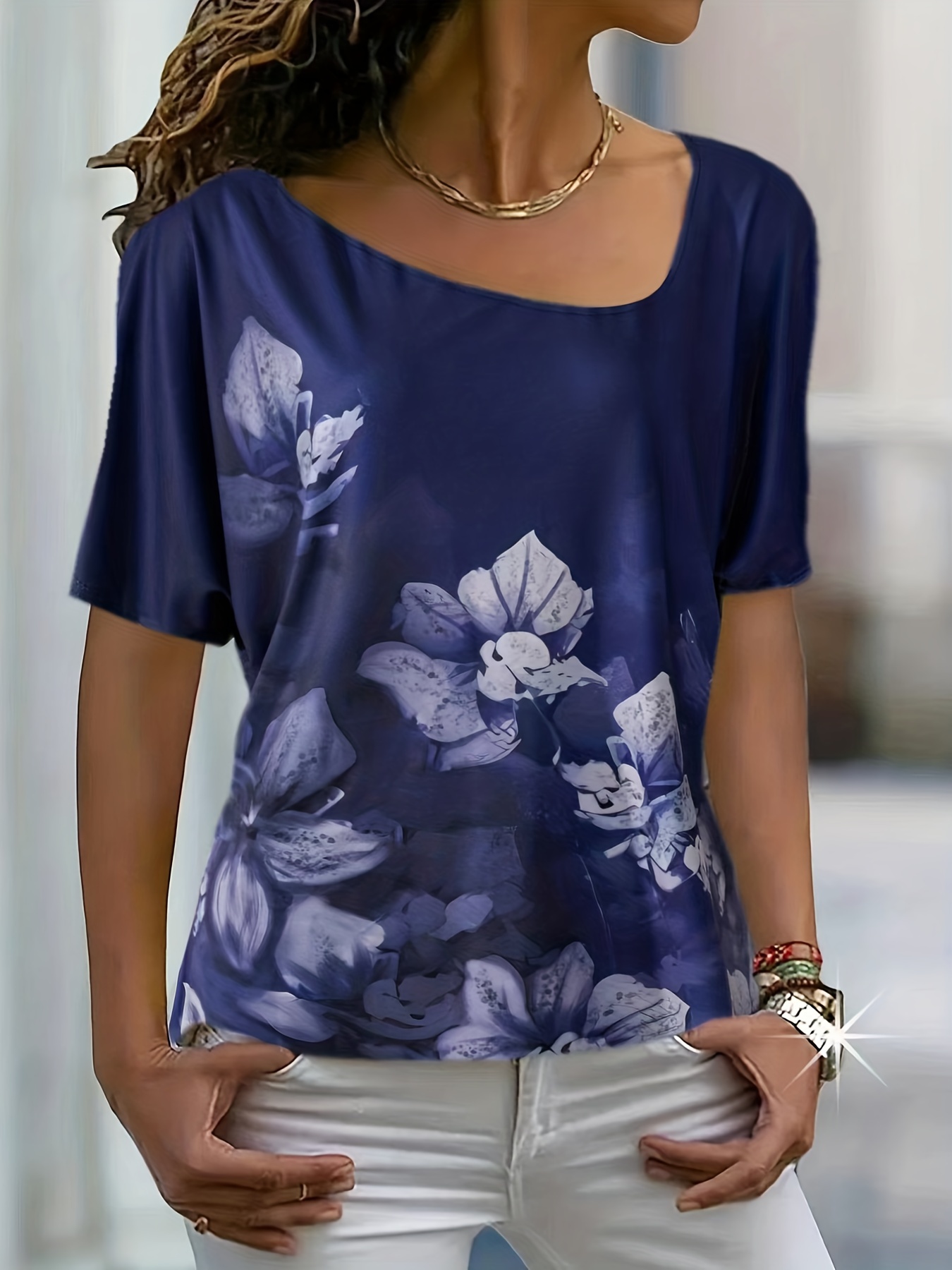 Solid Slant Band V Neck T shirt Casual Flower Shaped Cutout - Temu