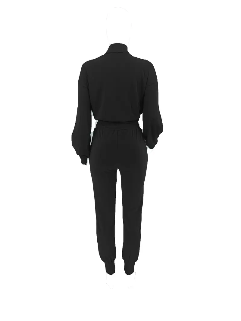 stylish solid two piece set button front split sleeve zipper jacket drawstring pants outfits womens clothing details 8