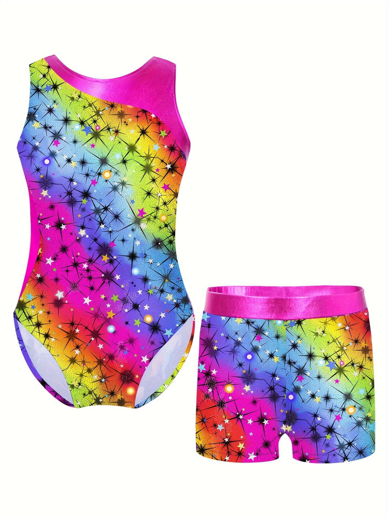 Girls 2pc Gymnastics Training Sets Sleeveless Athletic Jumpsuit & Shorts