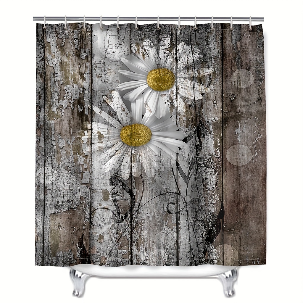 12 Hooks Waterproof and Mildew Proof 1pc Gray White Daisy Shower Curtain at Our Store