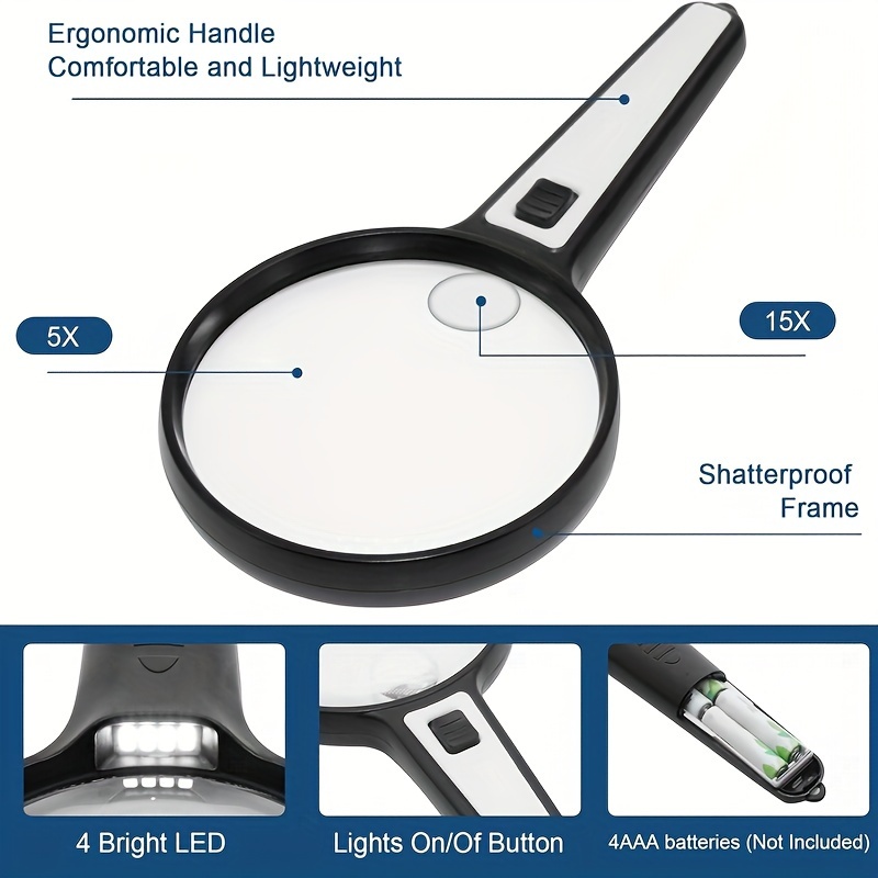 1pc large hd high power magnifier with light handheld magnifier lighting magnifier with 4 led lights for seniors reading