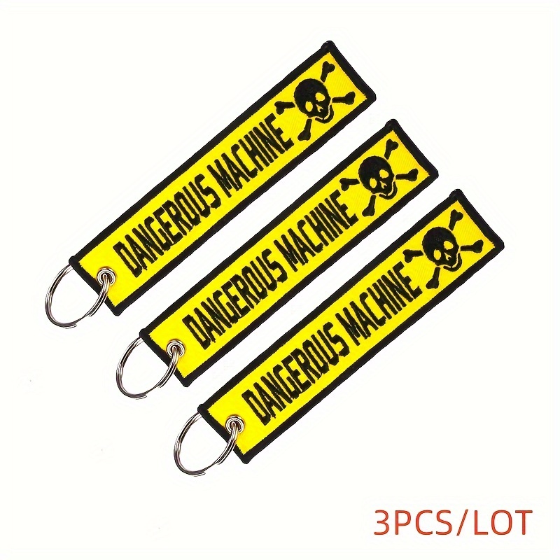 3pcs Motorcycle And Car Keychain With A Yellow Background And Black Text Reading ' Machine' Embroidered Keychain