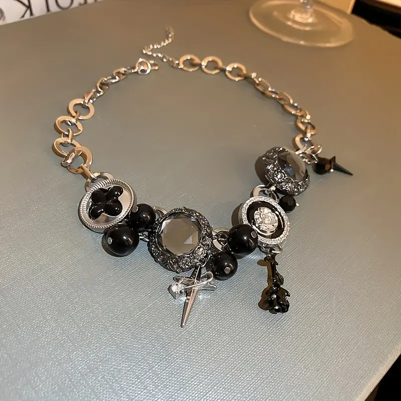 gothic style black rhinestones flower argyle round tag flower drip oil acrylic round beads necklace details 4