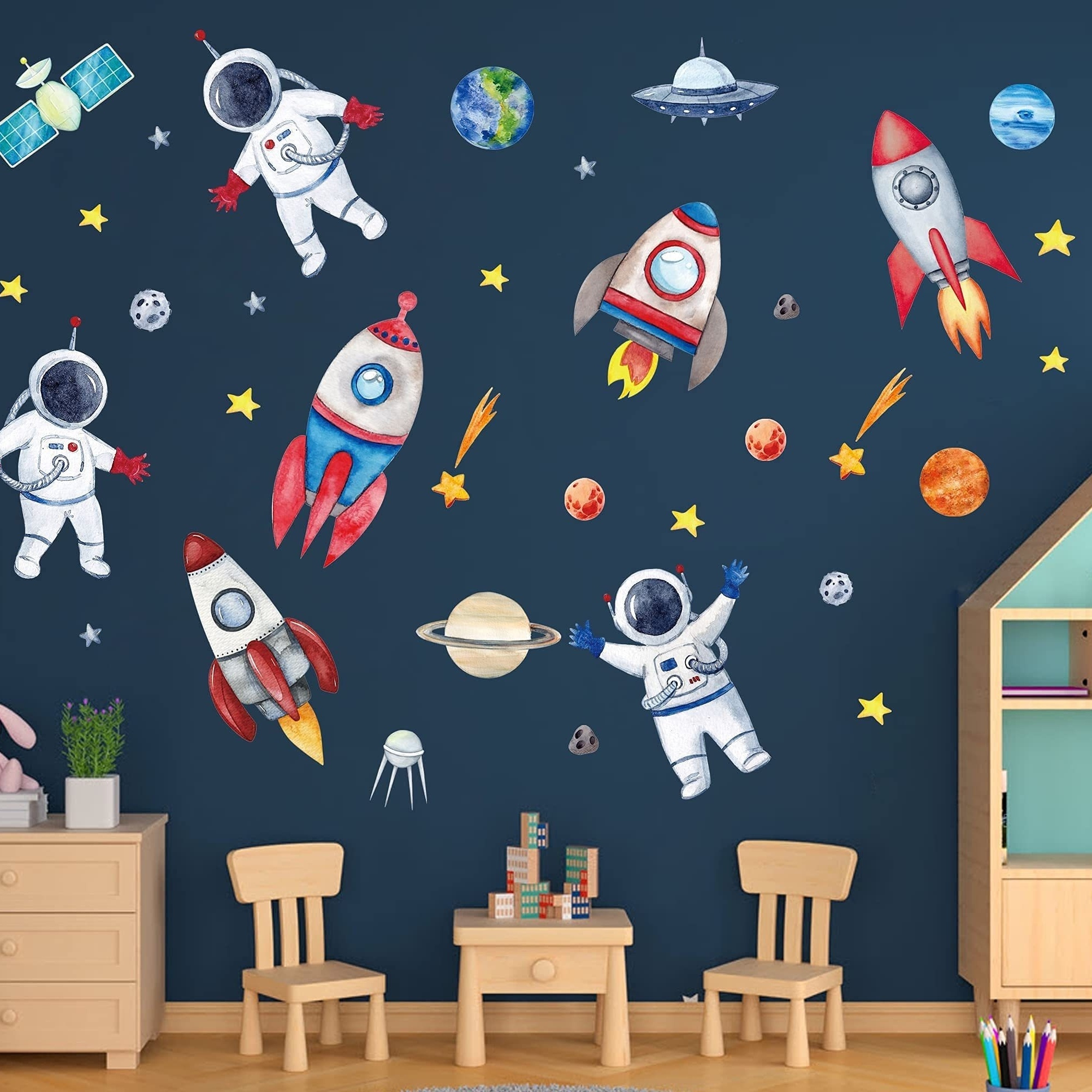 Stickers Muraux Enfants - Stickers Chambre Bebe Animaux Planet Planètes  Étoiles Système Solaire Stickers pour Chambres d'enfants