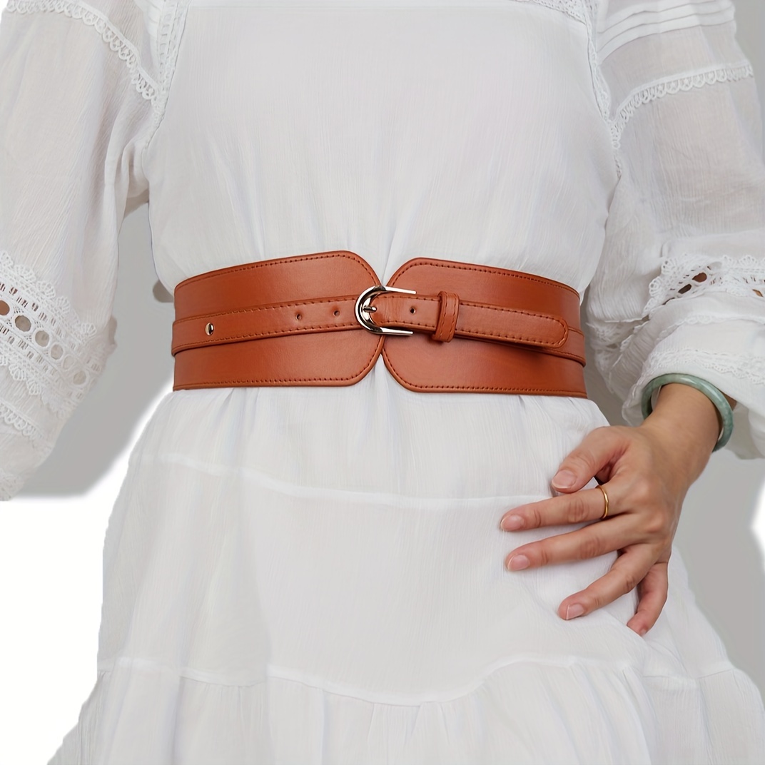 

Classic Pin Buckle Wide Belt Elegant Solid Color Elastic Waistband Trendy Dress Girdle For Women