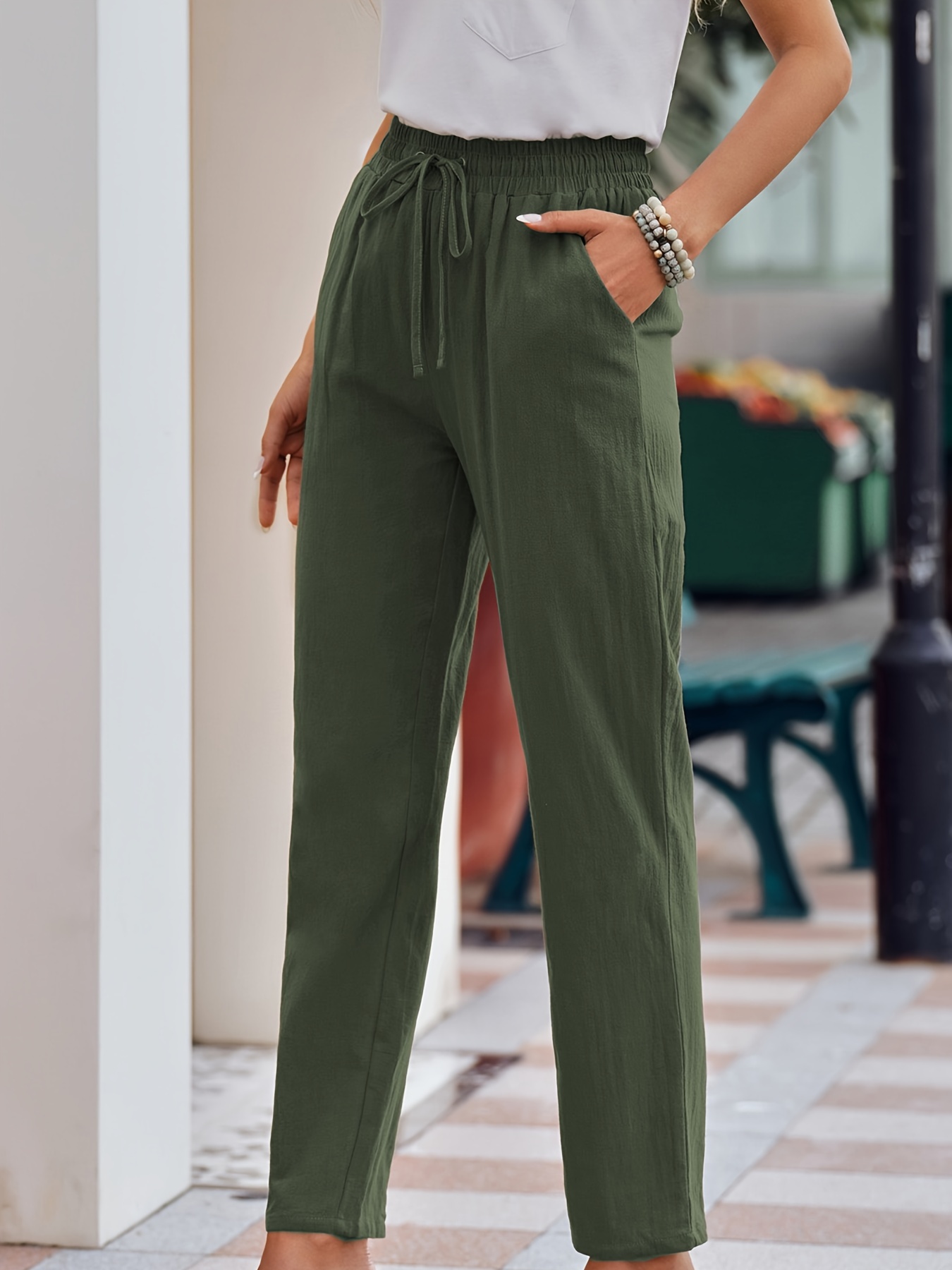  Cotton Linen Pants for Women High Wasit Long Pants Drawstring  Solid Color Casual Trousers Loose Fit Leggings Army Green : Sports &  Outdoors
