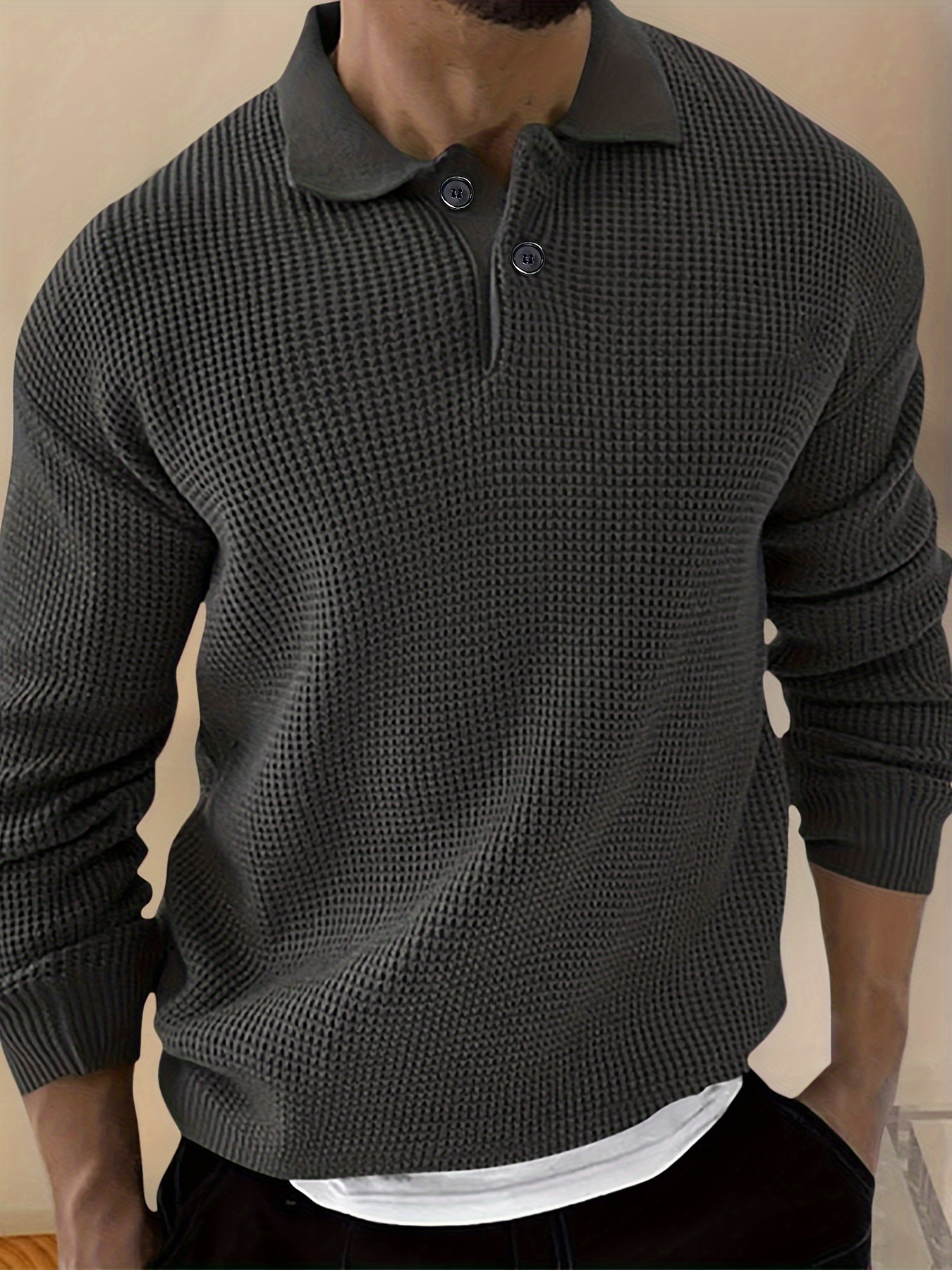 Solid Color Chic Knit Shirt, Men's Casual Lapel Slightly Stretch V-Neck  Pullover Sweater For Autumn Winter