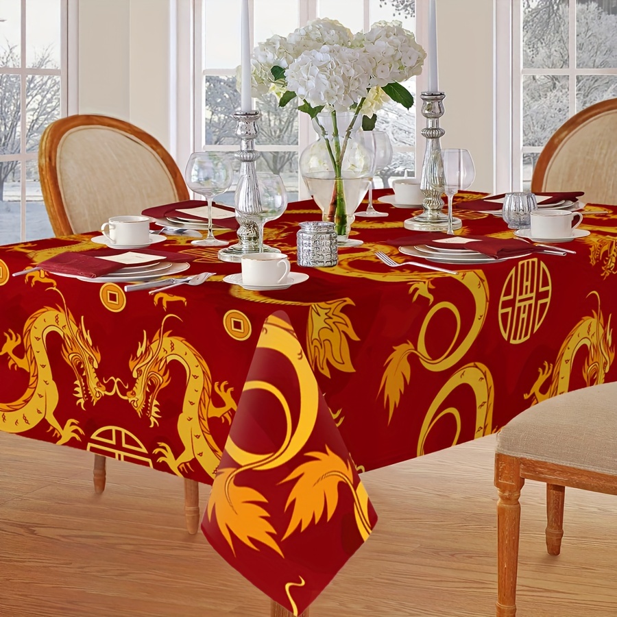 

1pc, Table Cloth, Chinese Zodiac Dragon Lunar 2024 New Year Table Cover, Spring Festival Winter Kitchen Dining Table Decoration For Home, Family Party Decor, New Year Decor