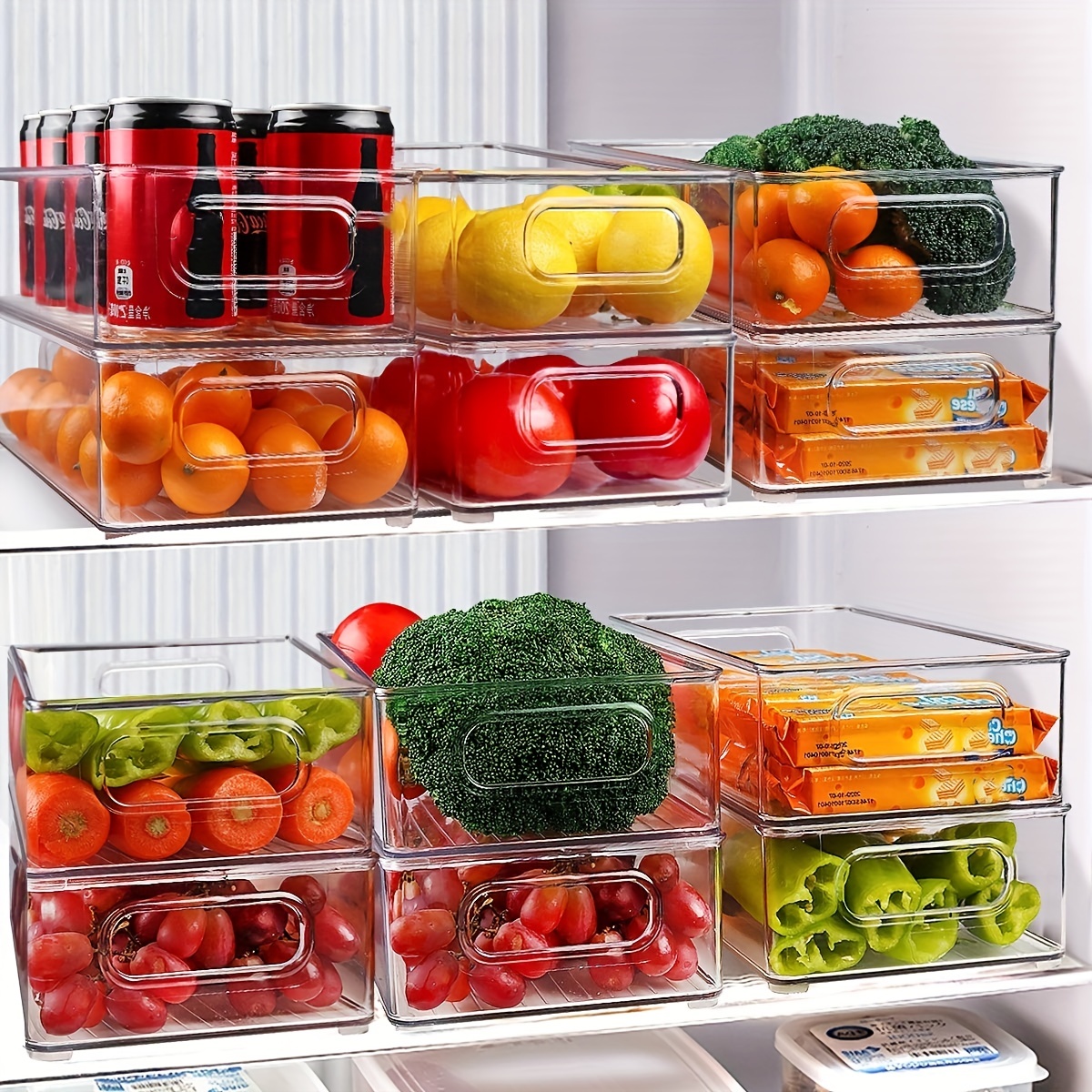 6pcs Set Organizador Apilable de Refrigerador, Contenedores Transparentes  de Organizador de Cocina con Asas, para Habitaciones de Almacenamiento