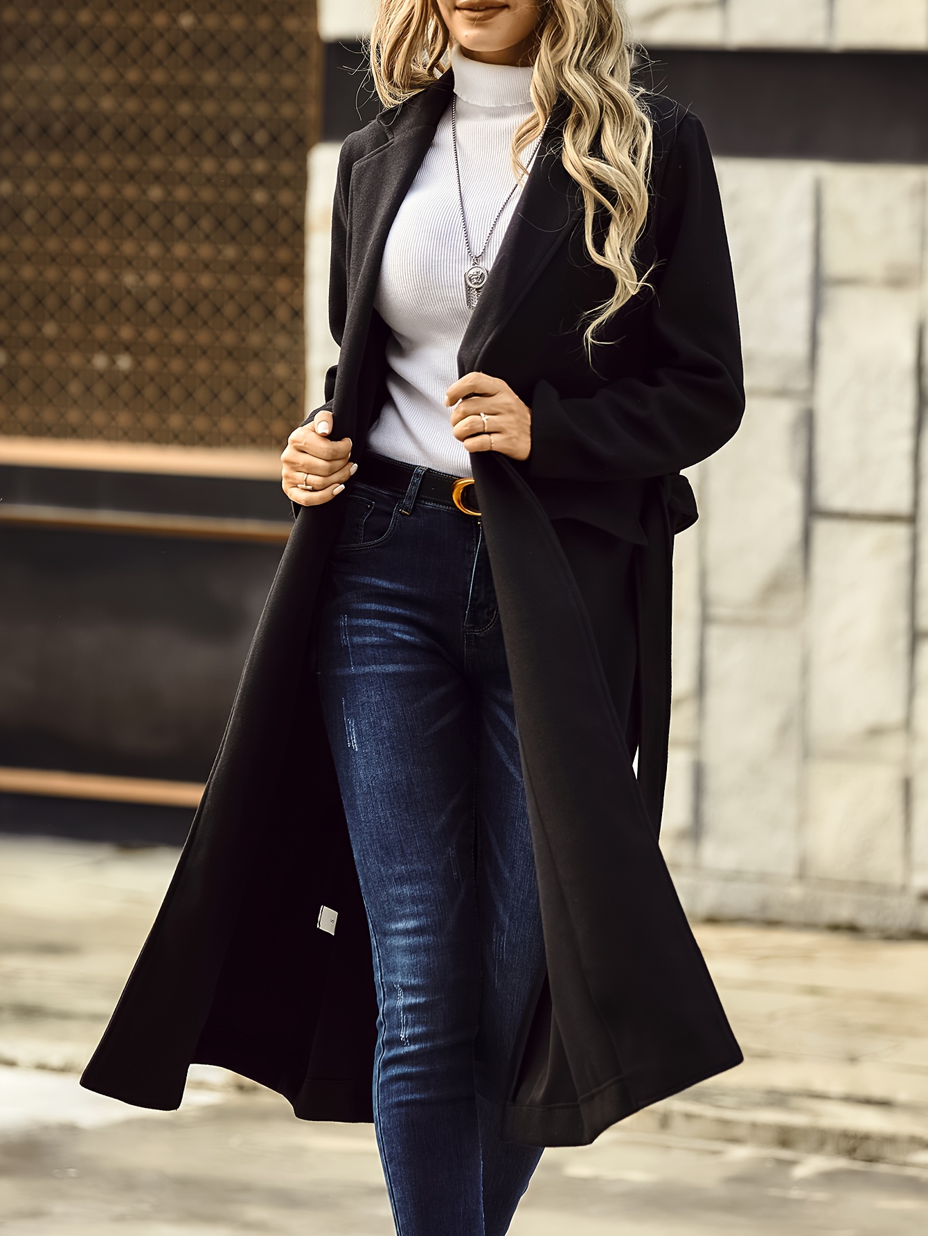 Solid Color Open Front Trench Coat, Elegant Lapel Neck Long Sleeve Belted  Coat, Women's Clothing