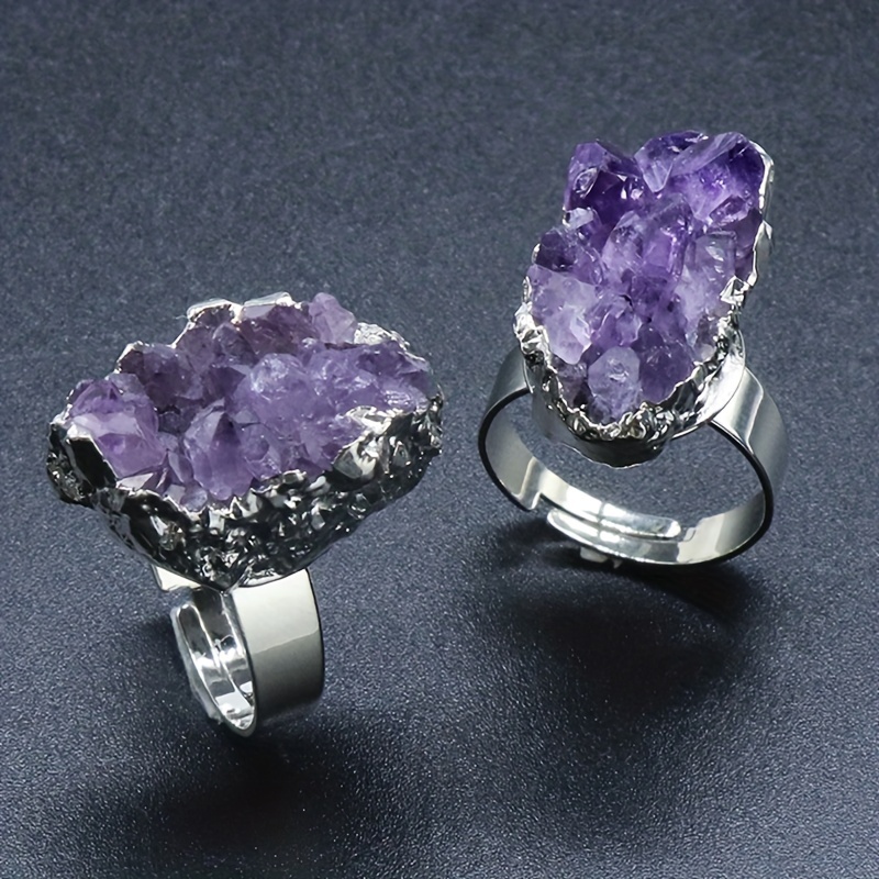 Irregular Raw Amethyst Cluster Ring for Men, Adjustable