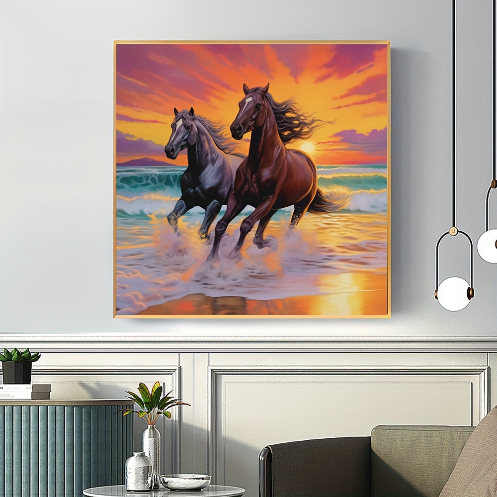 1pc Large Size 40x40cm/15.7x15.7 Inches Frameless DIY 5D Diamond Painting  Horse Running On Beach, Full Rhinestone Painting, Diamond Art Embroidery Kit