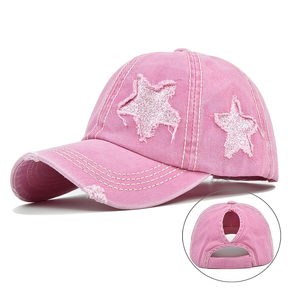 Adorable Star Ponytail Hats Curved Vintage Washed Distressed - Temu