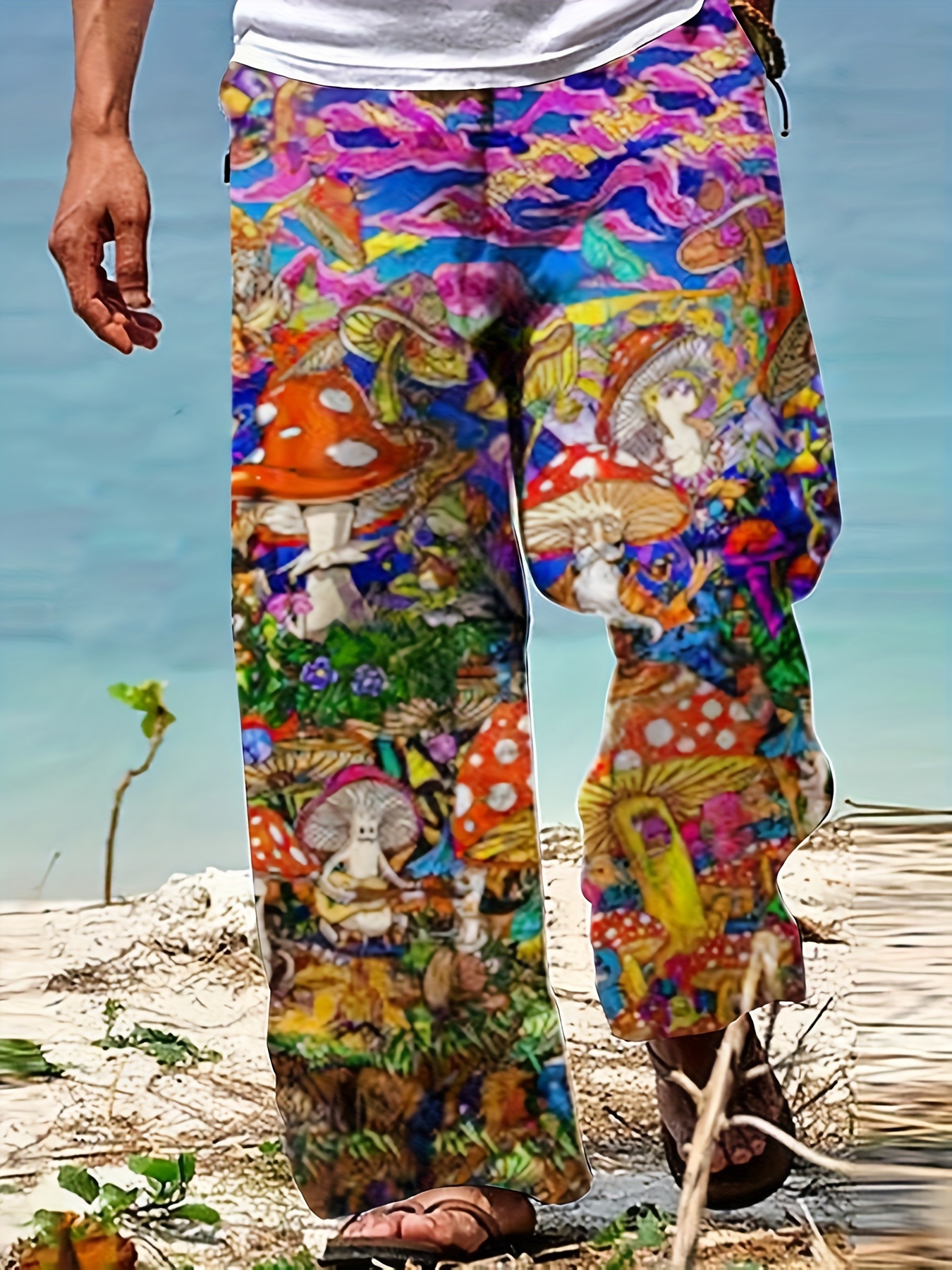 Men's Drawstring Wide Leg Pants Beach Pant Trendy Wolf - Temu