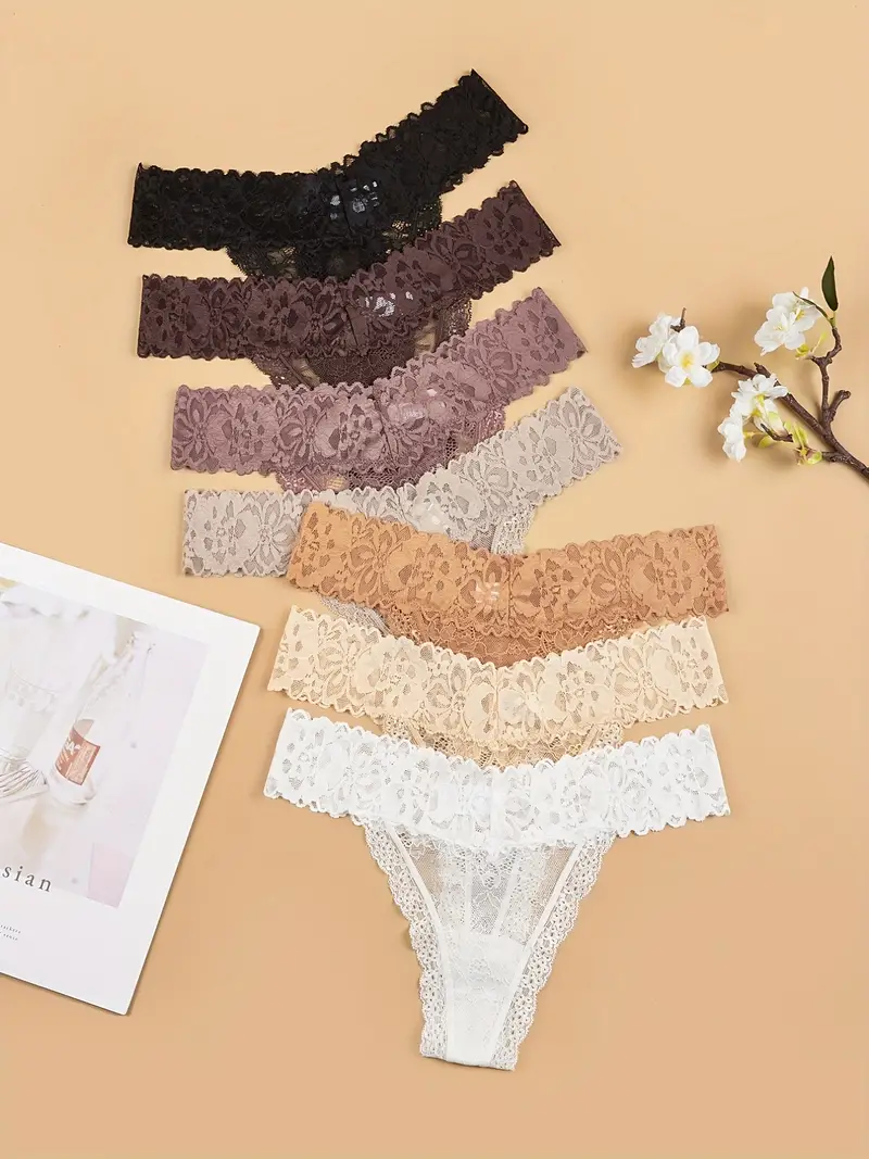 7pcs floral lace cheeky thongs sultry semi sheer low waist panties womens lingerie underwear details 3