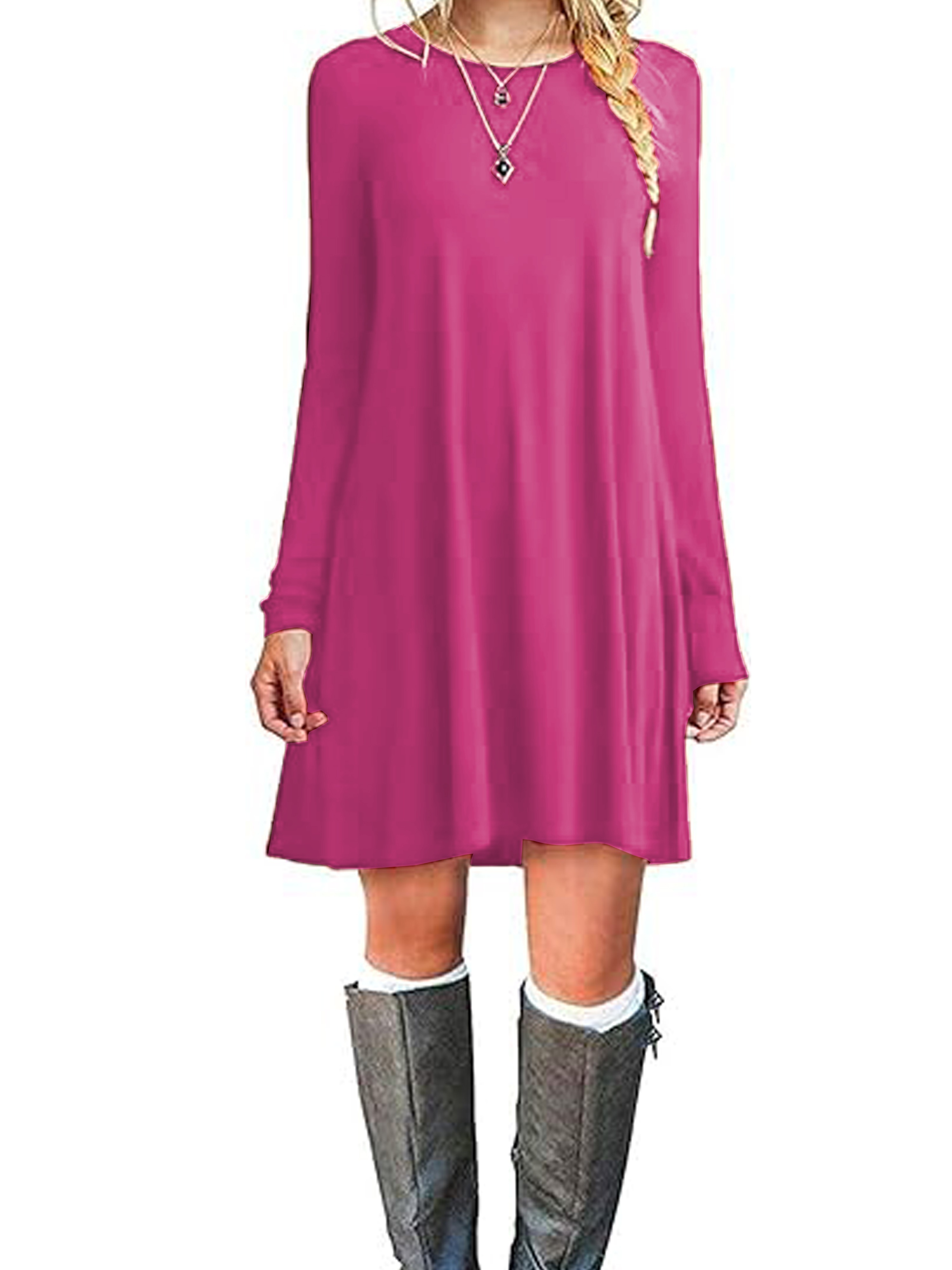 solid crew neck simple dress versatile long sleeve dress for spring fall womens clothing