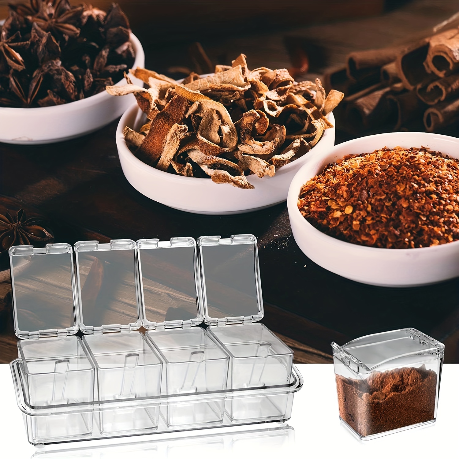 Acrylic Seasoning Box Set, 4 Piece Clear Premium Quality Storage Rack Spice  Pots Condiment Jars for Salt Sugar Cruet Kitchen Organization Containers