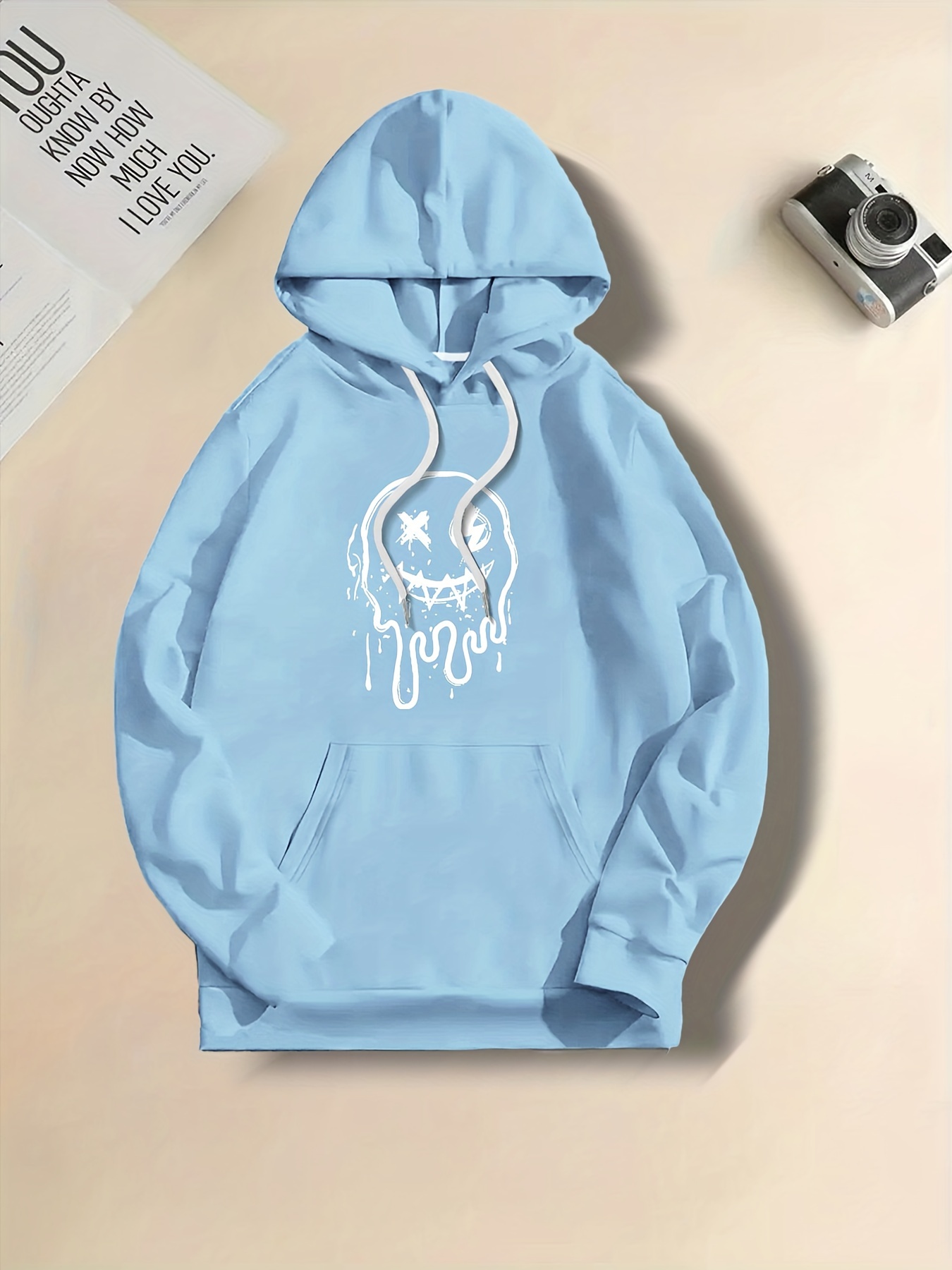 Melting Smile Face Print Hoodie、男性用フード付きパーカー、男性用