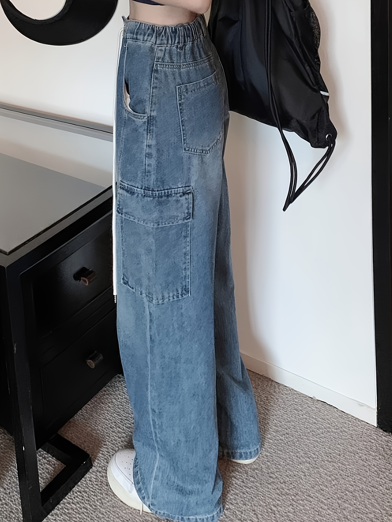 High Waist Washed Cargo Pants, Loose Fit Flap Pockets Y2K Style Straight  Jeans, Women's Denim Jeans & Clothing