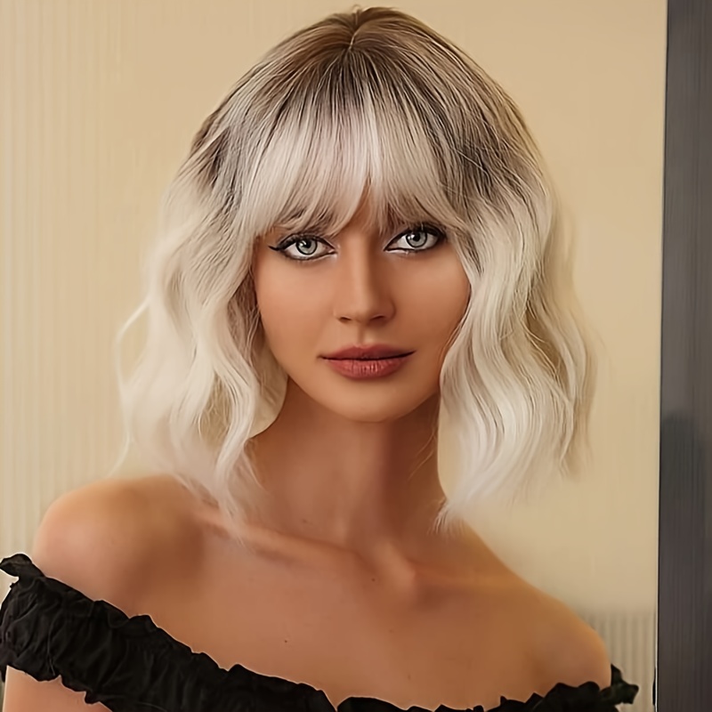 12 Inch Blonde Wig With Bangs Dark Roots Synthetic Curly Wig