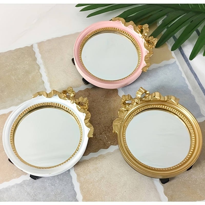 Round Makeup Mirror, Vintage Bow Decorative Mirror, Wall Mounted Mirror  with Wooden Frame for Living Room, Girls Bedroom, Bathroom (Color :  Champagne