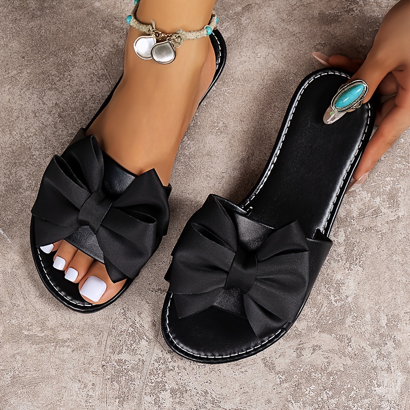 Women's Cute Bow Decor Slide Sandals, Casual Double Strap Flat Shoes,  Lightweight Summer Slide Sandals - Temu