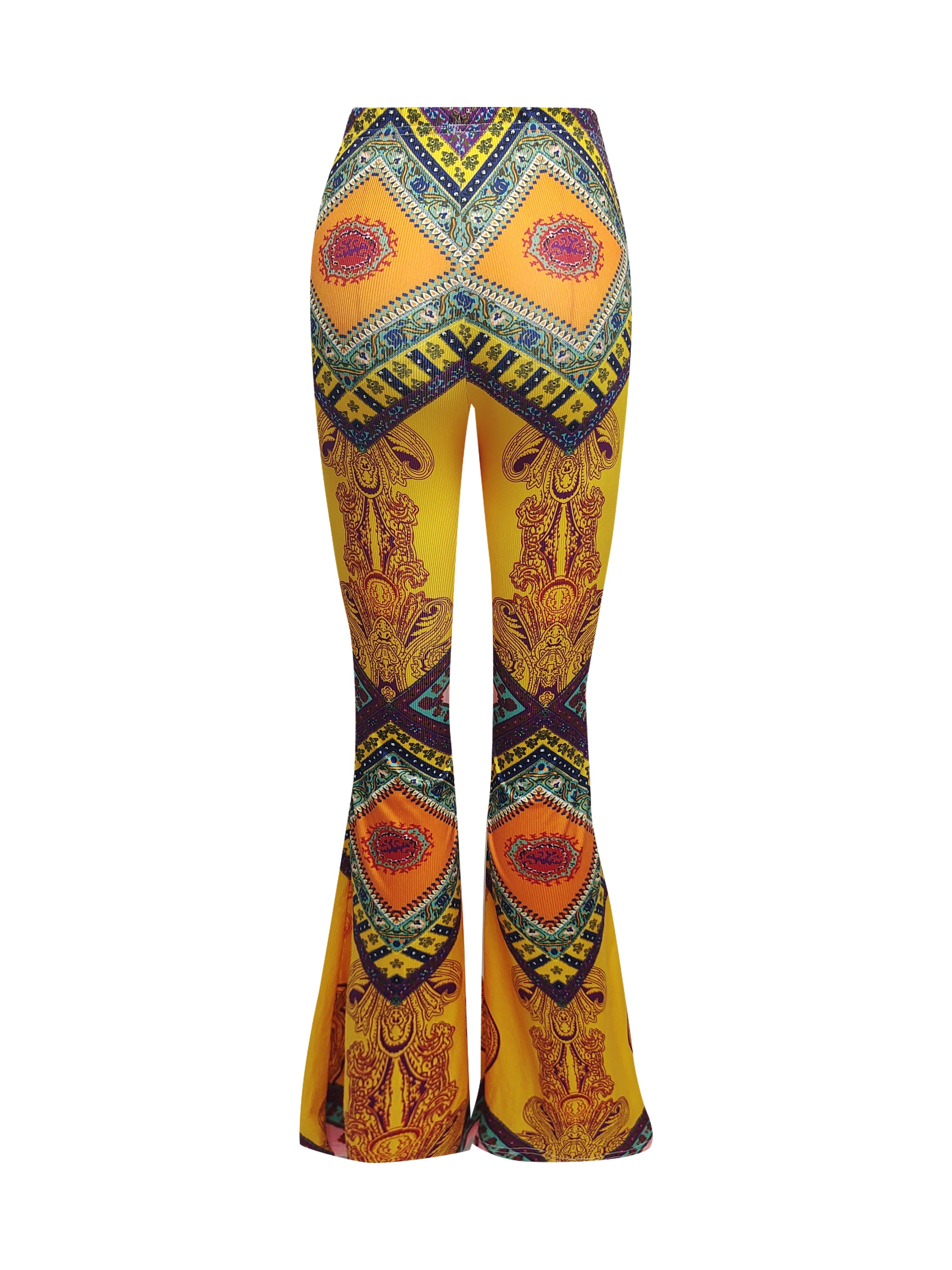 Ethnic Print High Waist Pants, Casual Flare Leg Elastic Waist Pants,  Women's Clothing