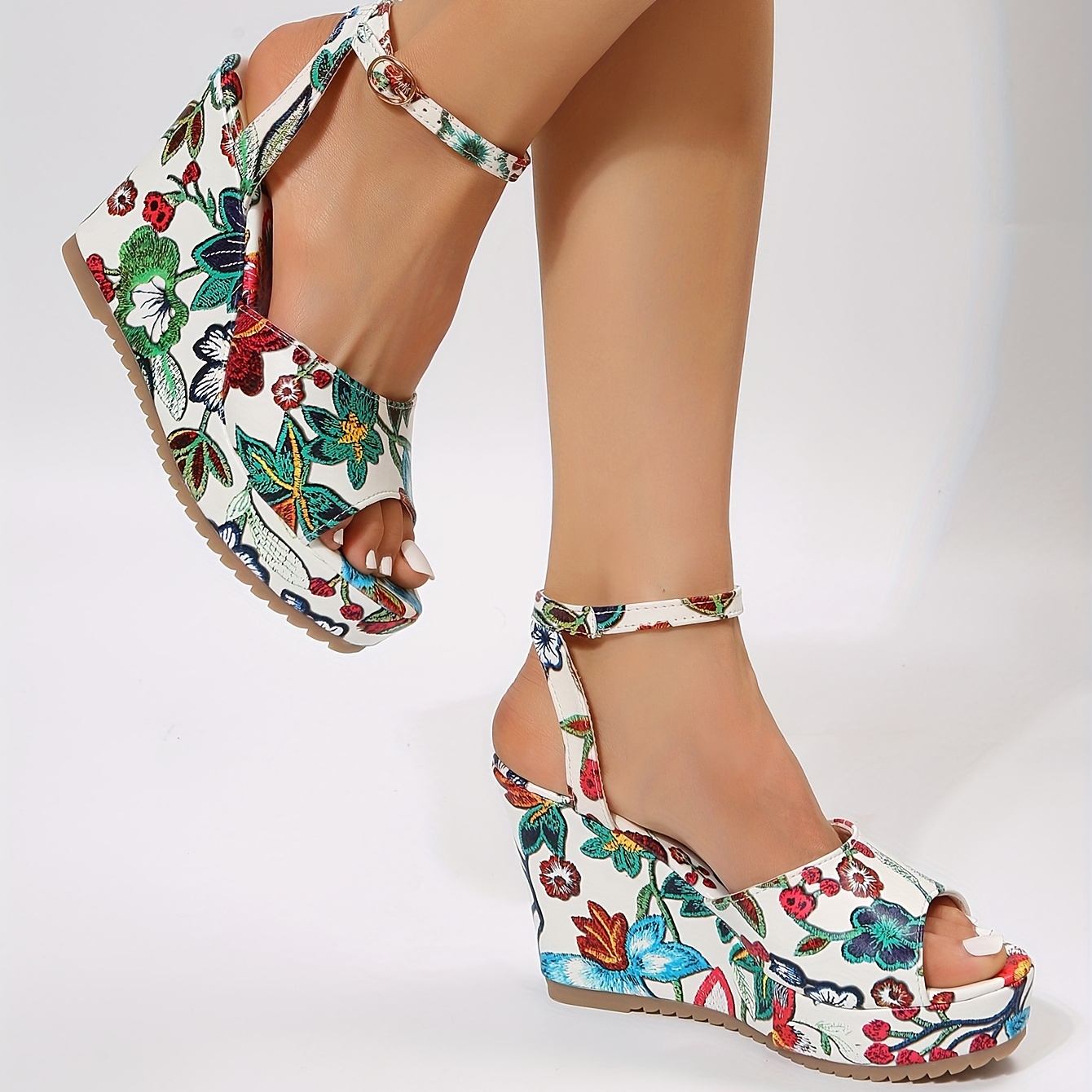 Women's Floral Print Wedge Sandals, Peep Toe Ankle Strap Platform Heels,  Stylish Dress D'Orsay Sandals