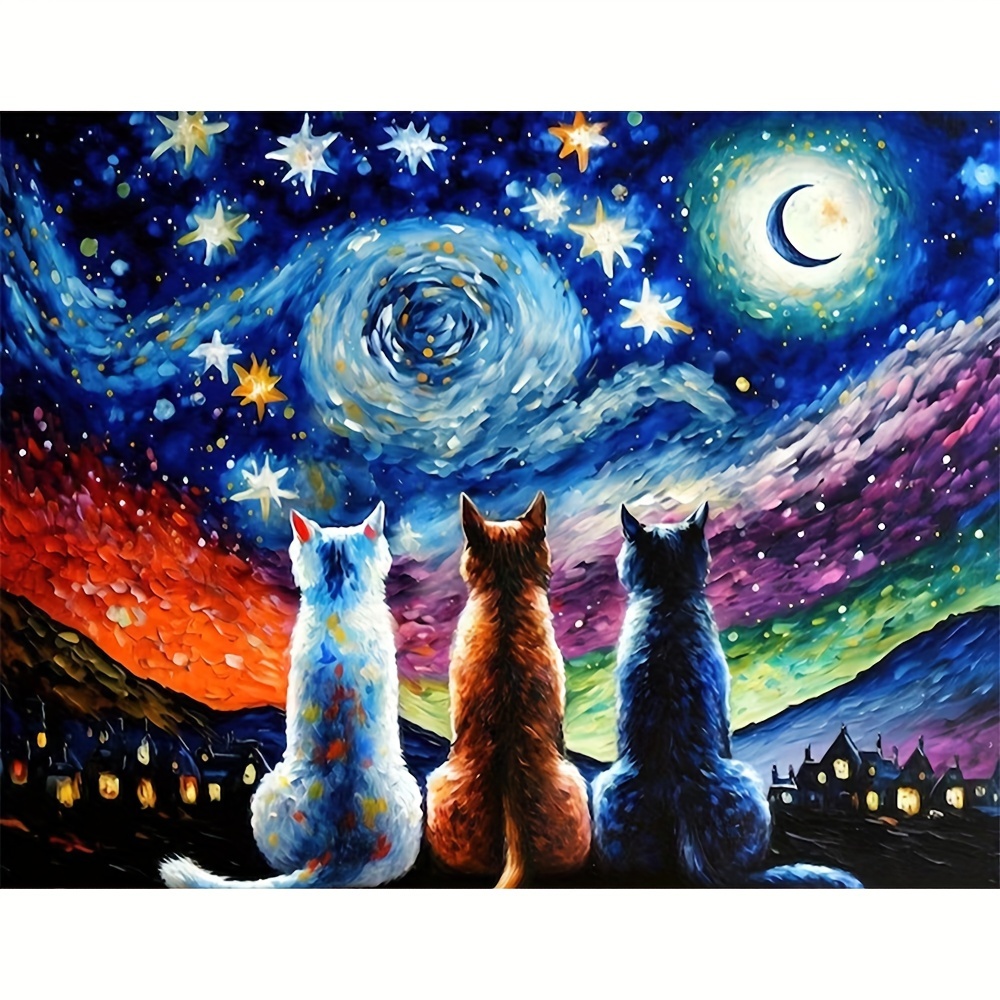 

1pc Large Size 40x50cm/15.7x19.7inch Without Frame Diy 5d Diamond Art Painting Cats Under Starry Sky, Full Rhinestone Painting, Diamond Art Embroidery Kits, Handmade Home Room Office Decor