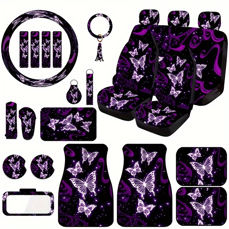 

23pcs Butterfly Car Accessories Butterfly Car Seat Cover Full Set Car Foot Pad Steering Wheel Cover Seat Belt Pad Center Console Pad Cup Holder